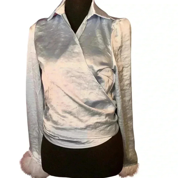 La Hearts Tops - Sky Blue Wrap top with feather detail on sleeves, size small